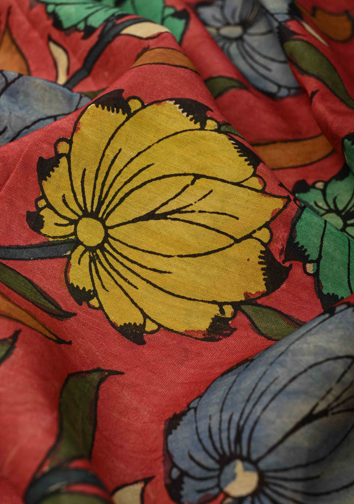 DUPATTA : Coral Pink Authentic Pen Kalamkari on Mangalagiri Silk Cotton Dupatta with Peacock and Floral Theme