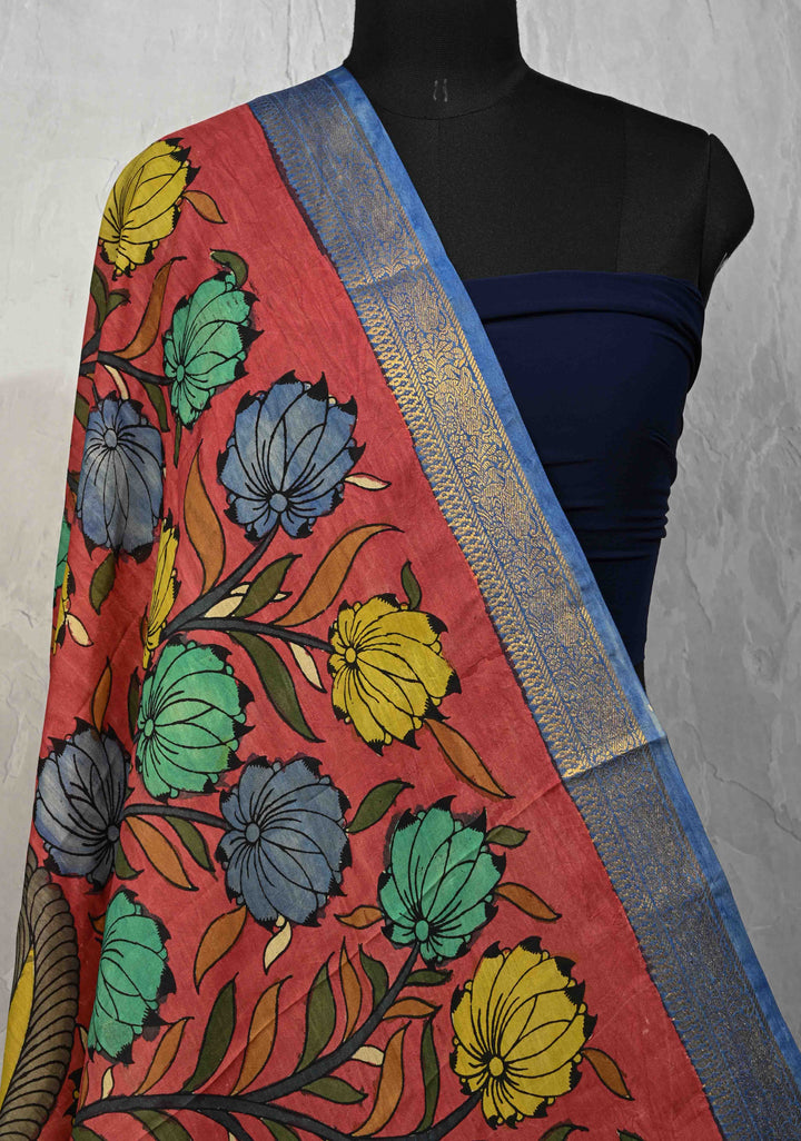 DUPATTA : Coral Pink Authentic Pen Kalamkari on Mangalagiri Silk Cotton Dupatta with Peacock and Floral Theme