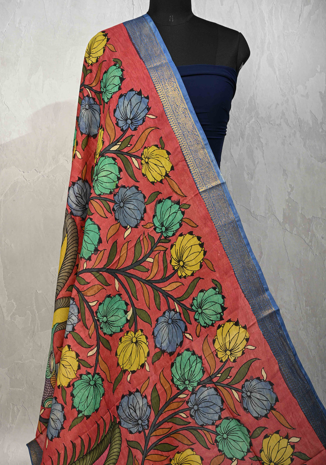 DUPATTA : Coral Pink Authentic Pen Kalamkari on Mangalagiri Silk Cotton Dupatta with Peacock and Floral Theme