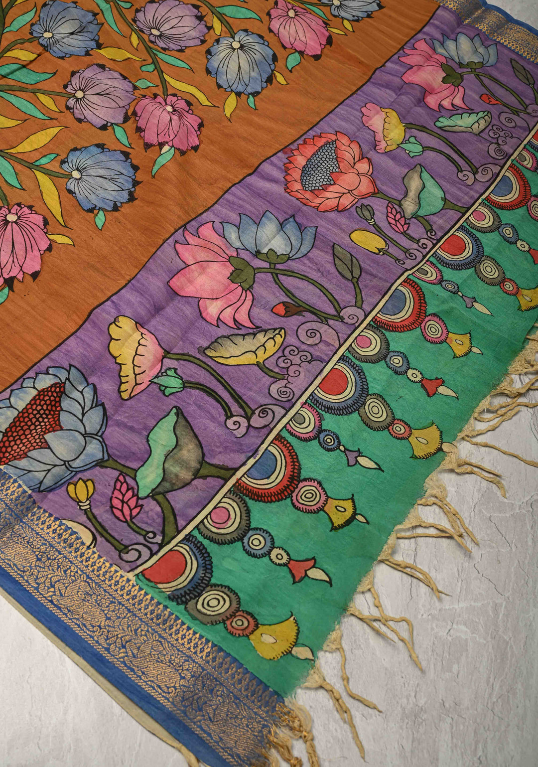 DUPATTA : Ochra Pen Authentic Kalamkari on Mangalagiri Silk Cotton Dupatta with Peacock and Floral Theme