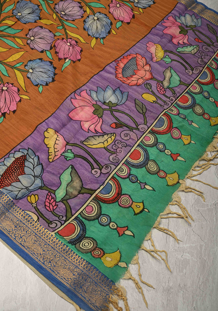 DUPATTA : Ochra Pen Authentic Kalamkari on Mangalagiri Silk Cotton Dupatta with Peacock and Floral Theme