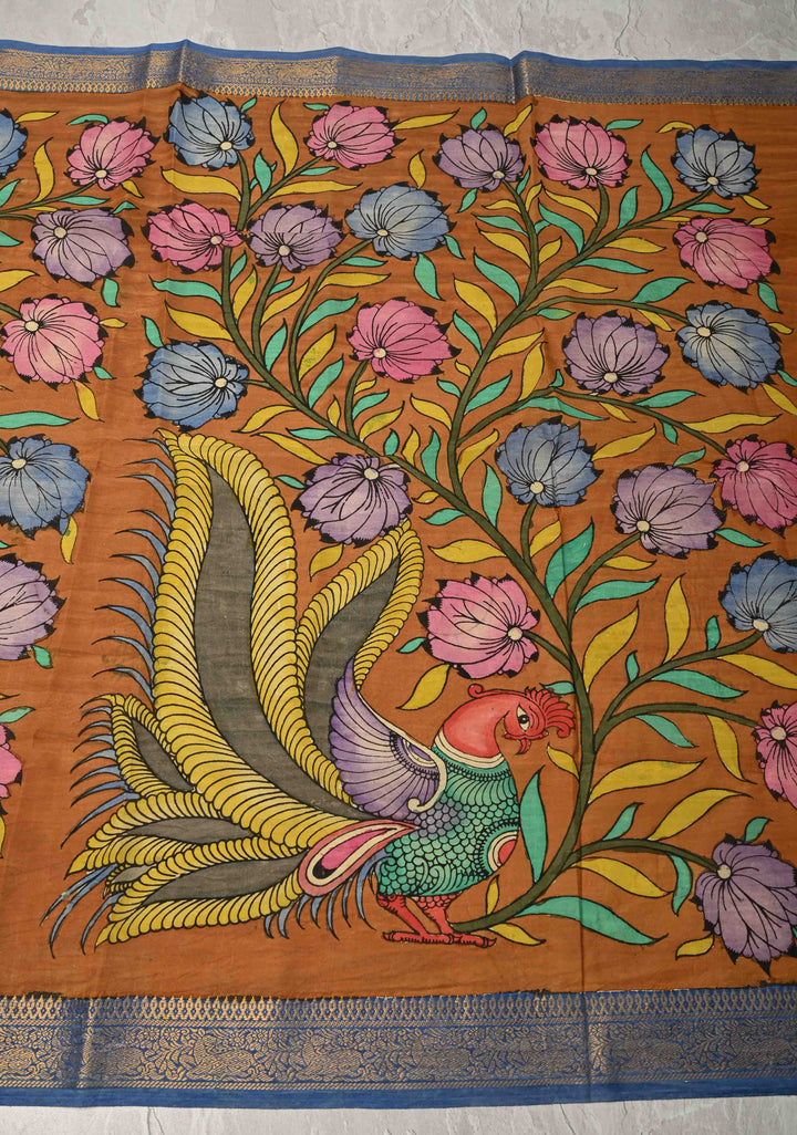 DUPATTA : Ochra Pen Authentic Kalamkari on Mangalagiri Silk Cotton Dupatta with Peacock and Floral Theme
