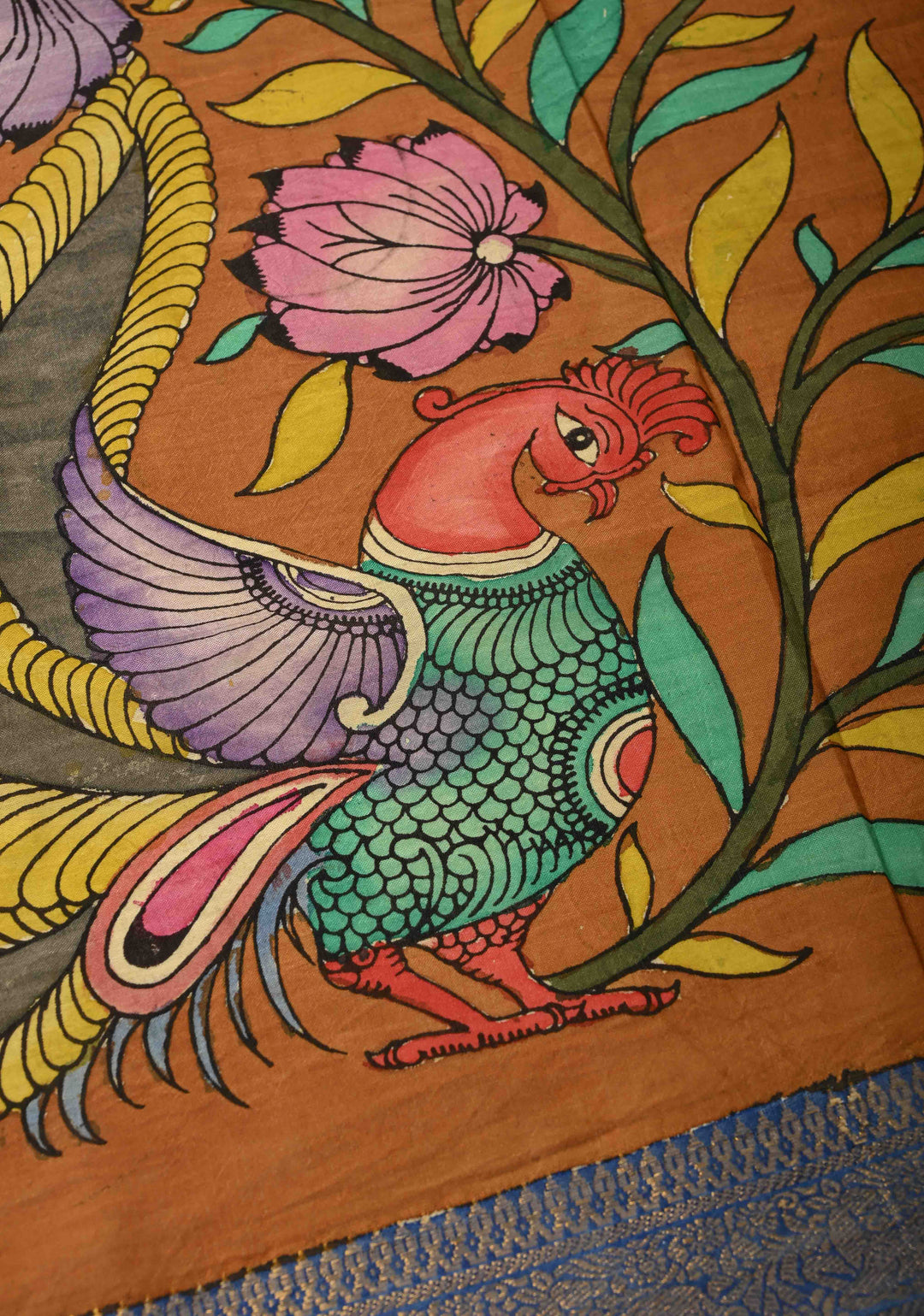 DUPATTA : Ochra Pen Authentic Kalamkari on Mangalagiri Silk Cotton Dupatta with Peacock and Floral Theme