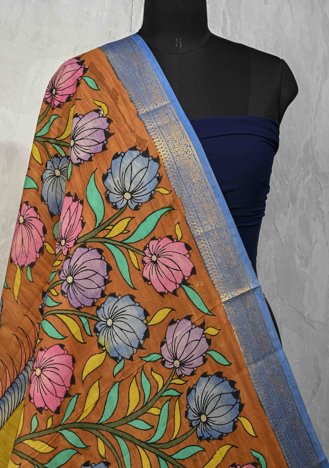 DUPATTA : Ochra Pen Authentic Kalamkari on Mangalagiri Silk Cotton Dupatta with Peacock and Floral Theme