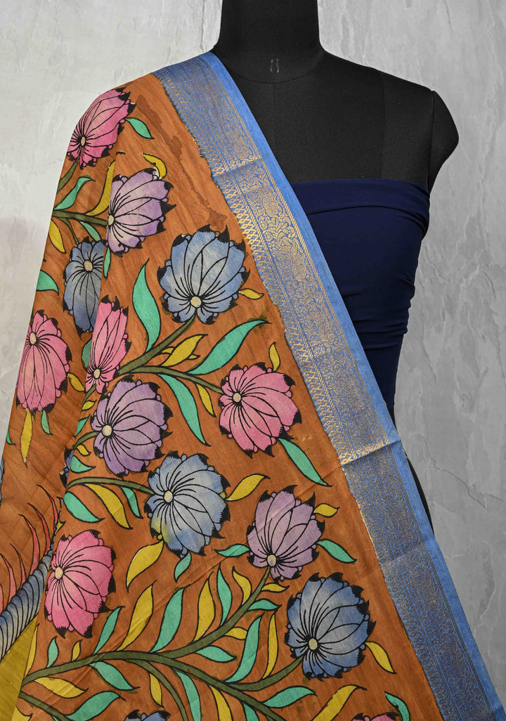 DUPATTA : Ochra Pen Authentic Kalamkari on Mangalagiri Silk Cotton Dupatta with Peacock and Floral Theme