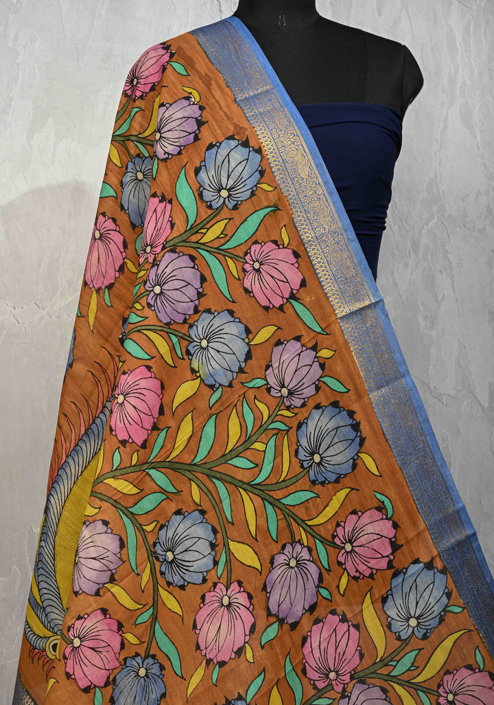 DUPATTA : Ochra Pen Authentic Kalamkari on Mangalagiri Silk Cotton Dupatta with Peacock and Floral Theme