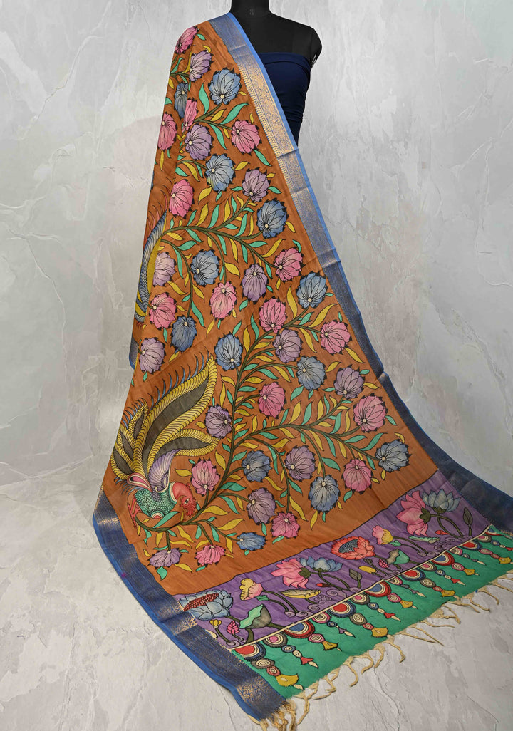 DUPATTA : Ochra Pen Authentic Kalamkari on Mangalagiri Silk Cotton Dupatta with Peacock and Floral Theme