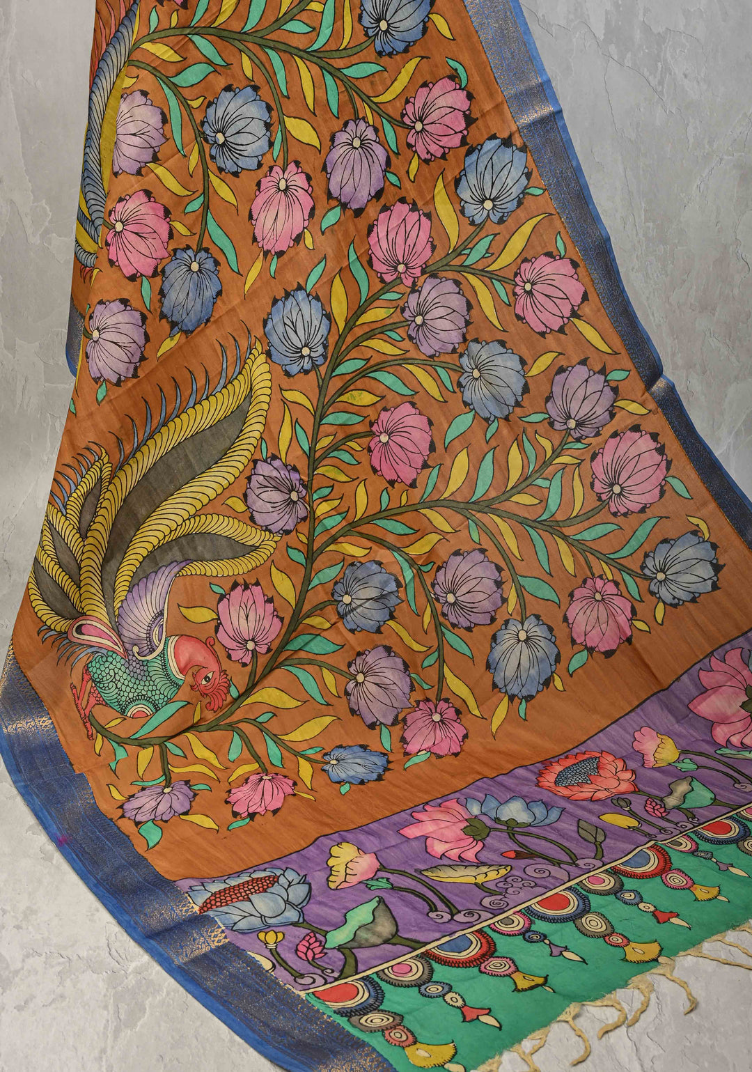 DUPATTA : Ochra Pen Authentic Kalamkari on Mangalagiri Silk Cotton Dupatta with Peacock and Floral Theme