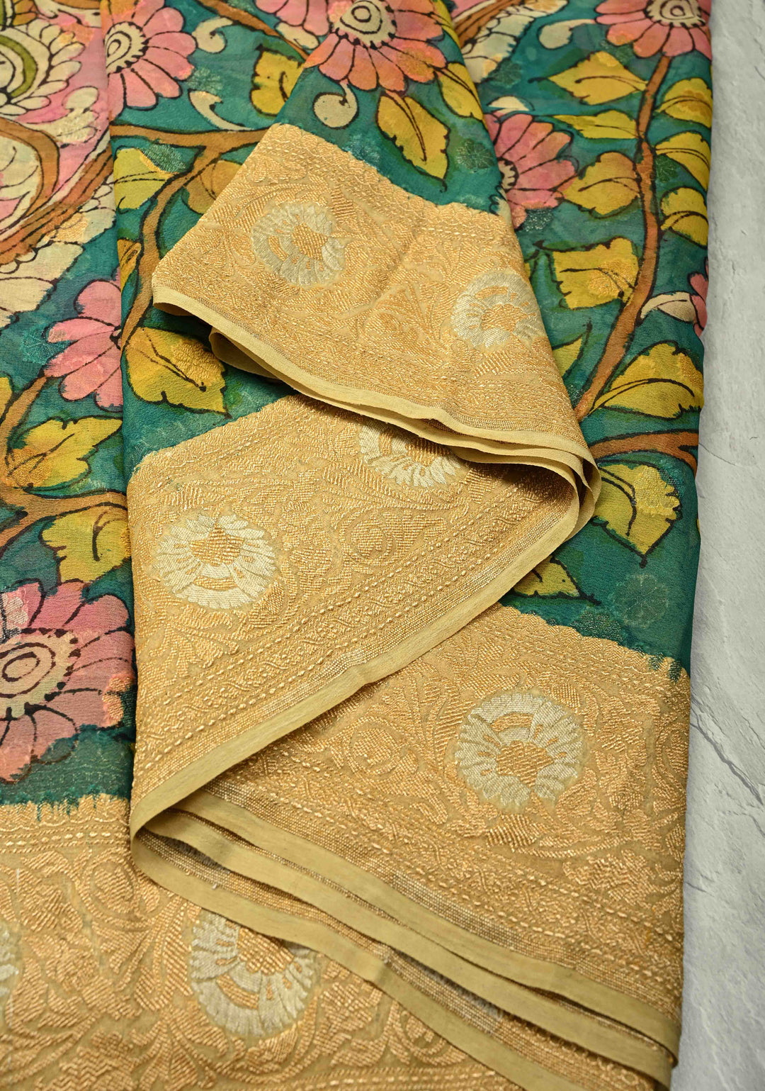 Floral and Peacock Theme : Green Authentic Pen Kalamkari on Banarasi Pure Georgette Saree with Alfi Buttas and Zari Border | SILK MARK CERTIFIED