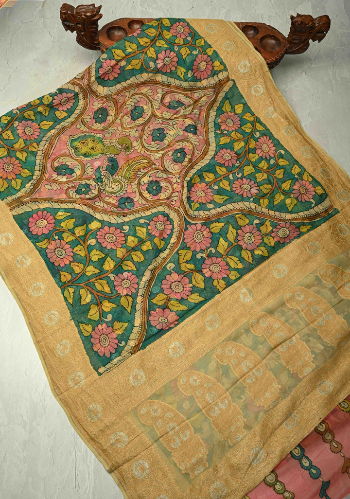 Floral and Peacock Theme : Green Authentic Pen Kalamkari on Banarasi Pure Georgette Saree with Alfi Buttas and Zari Border | SILK MARK CERTIFIED