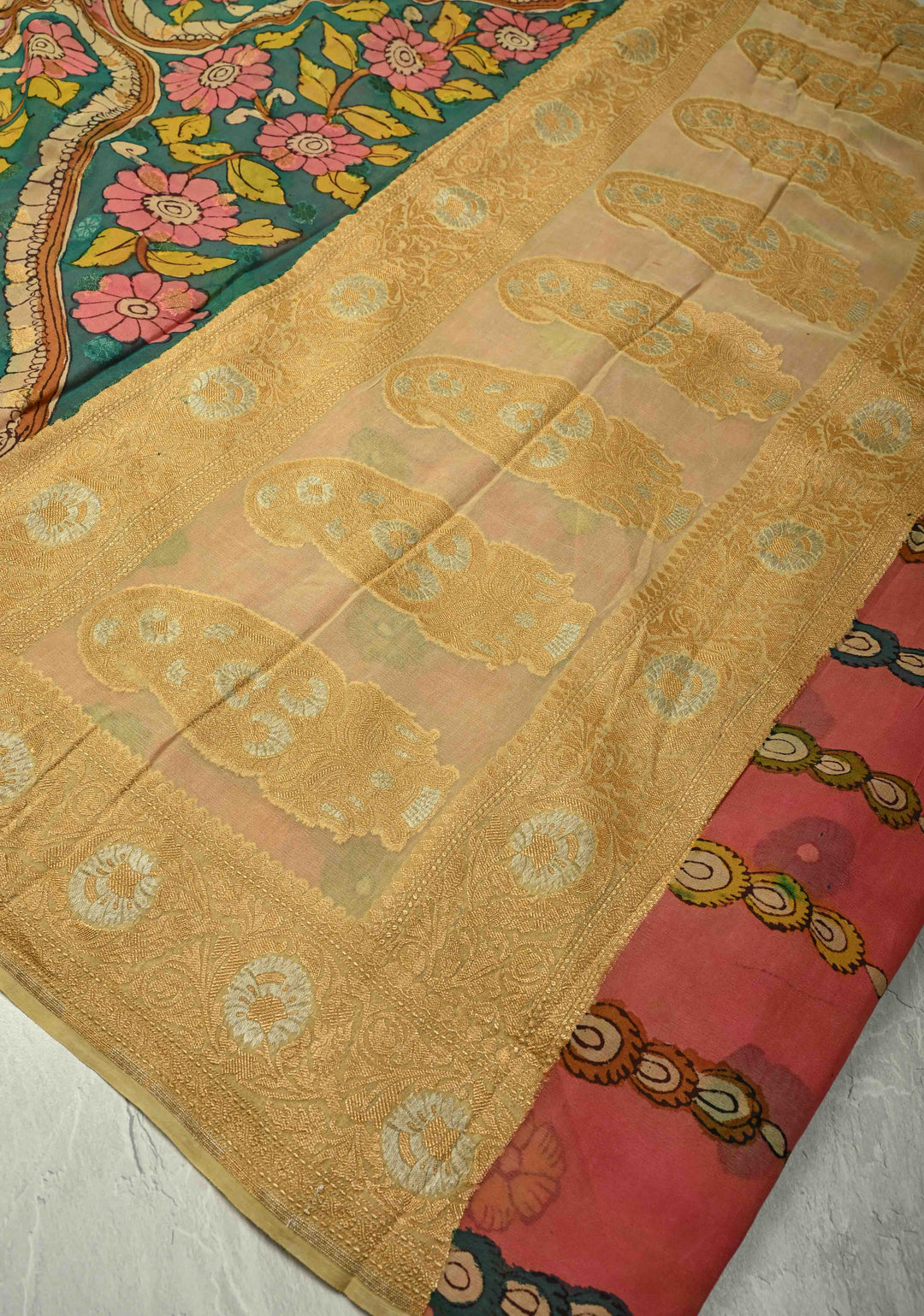 Floral and Peacock Theme : Green Authentic Pen Kalamkari on Banarasi Pure Georgette Saree with Alfi Buttas and Zari Border | SILK MARK CERTIFIED