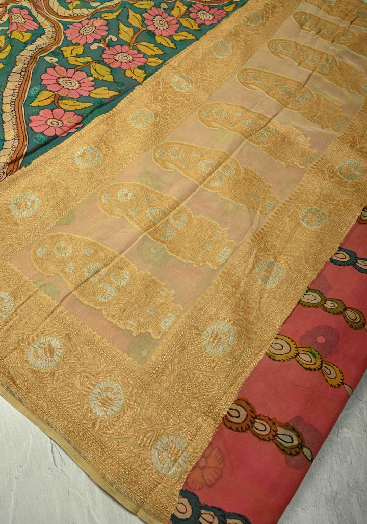 Floral and Peacock Theme : Green Authentic Pen Kalamkari on Banarasi Pure Georgette Saree with Alfi Buttas and Zari Border | SILK MARK CERTIFIED