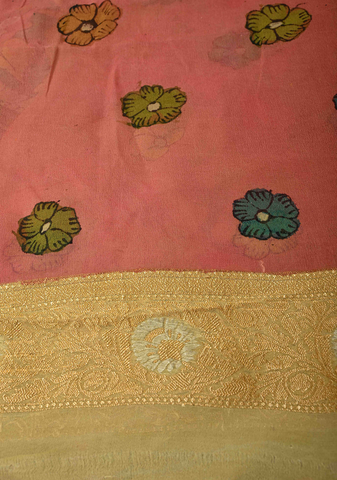 Floral and Peacock Theme : Green Authentic Pen Kalamkari on Banarasi Pure Georgette Saree with Alfi Buttas and Zari Border | SILK MARK CERTIFIED