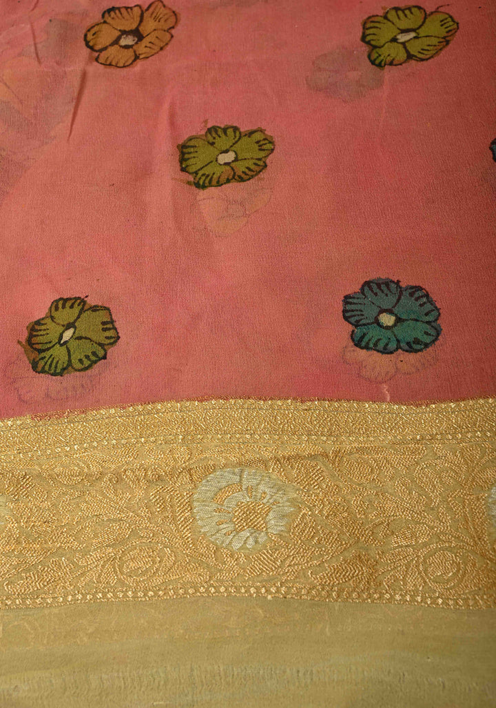 Floral and Peacock Theme : Green Authentic Pen Kalamkari on Banarasi Pure Georgette Saree with Alfi Buttas and Zari Border | SILK MARK CERTIFIED