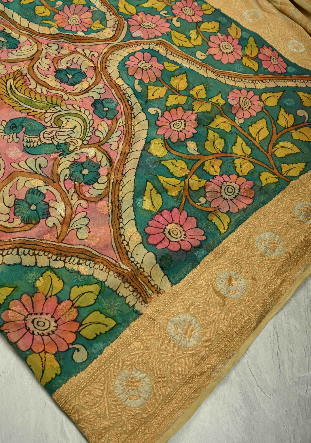 Floral and Peacock Theme : Green Authentic Pen Kalamkari on Banarasi Pure Georgette Saree with Alfi Buttas and Zari Border | SILK MARK CERTIFIED