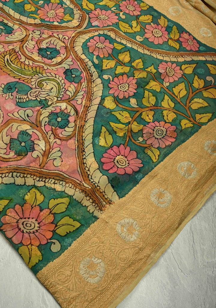 Floral and Peacock Theme : Green Authentic Pen Kalamkari on Banarasi Pure Georgette Saree with Alfi Buttas and Zari Border | SILK MARK CERTIFIED