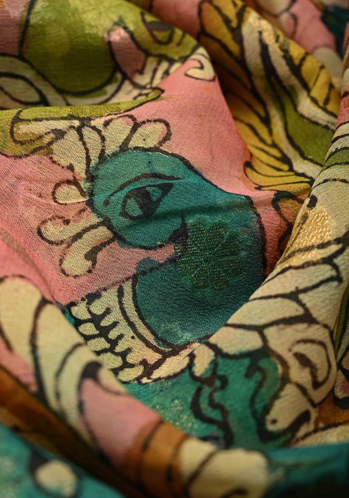 Floral and Peacock Theme : Green Authentic Pen Kalamkari on Banarasi Pure Georgette Saree with Alfi Buttas and Zari Border | SILK MARK CERTIFIED