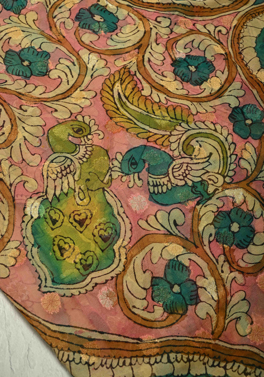 Floral and Peacock Theme : Green Authentic Pen Kalamkari on Banarasi Pure Georgette Saree with Alfi Buttas and Zari Border | SILK MARK CERTIFIED