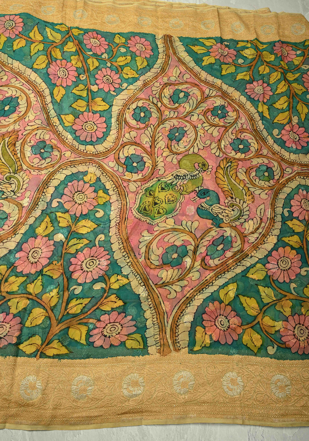 Floral and Peacock Theme : Green Authentic Pen Kalamkari on Banarasi Pure Georgette Saree with Alfi Buttas and Zari Border | SILK MARK CERTIFIED