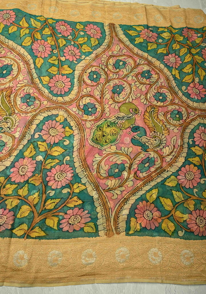 Floral and Peacock Theme : Green Authentic Pen Kalamkari on Banarasi Pure Georgette Saree with Alfi Buttas and Zari Border | SILK MARK CERTIFIED