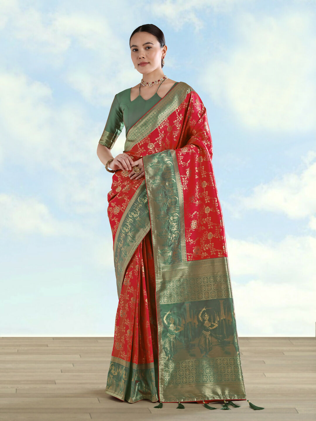 Red Faux Banarasi Silk Saree With Zari Woven Design | SHOBITAM