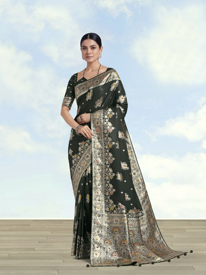 Dark Green Zari Woven Banarasi Satin Silk Saree | SHOBITAM