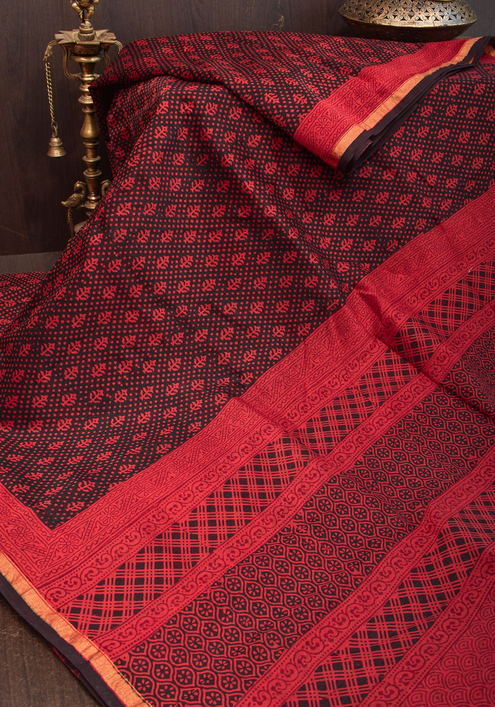 Bagh Hand block Print on Chanderi Cotton Saree in Black and Red
