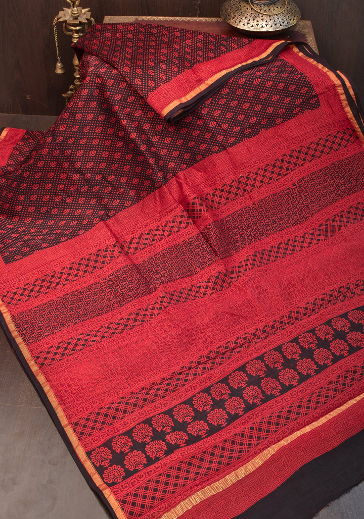 Bagh Hand block Print on Chanderi Cotton Saree in Black and Red