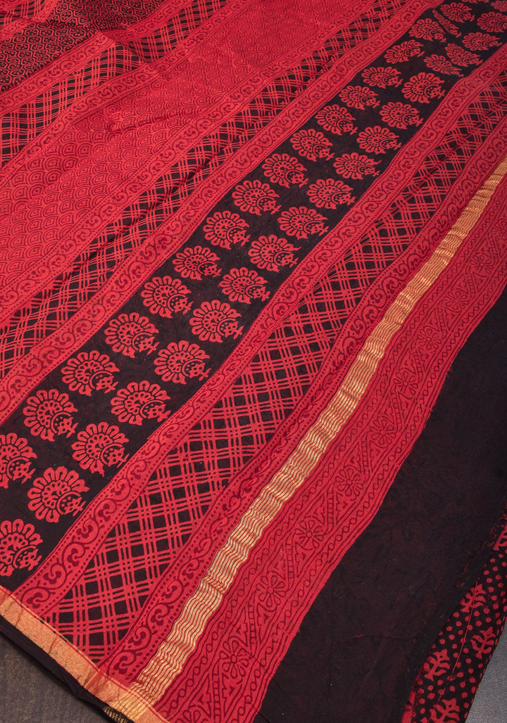 Bagh Hand block Print on Chanderi Cotton Saree in Black and Red