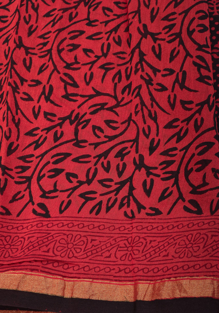 Bagh Hand block Print on Chanderi Cotton Saree in Black and Red