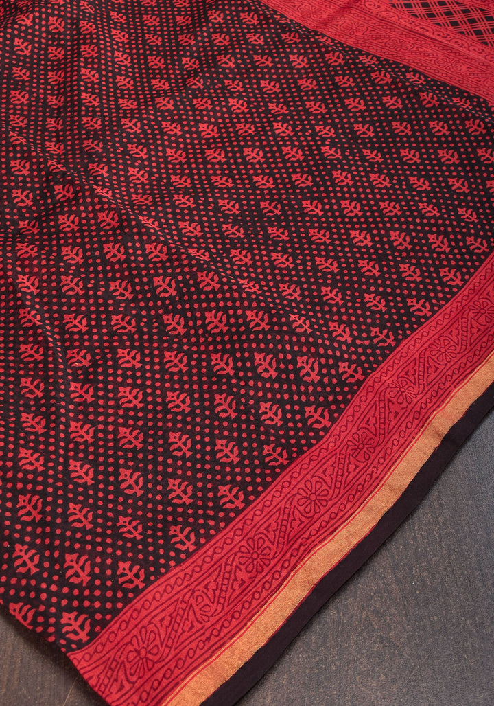 Bagh Hand block Print on Chanderi Cotton Saree in Black and Red