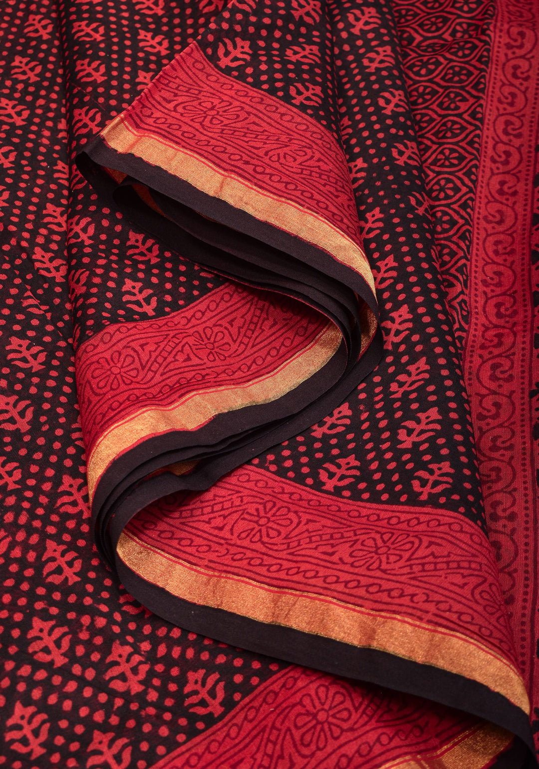 Bagh Hand block Print on Chanderi Cotton Saree in Black and Red