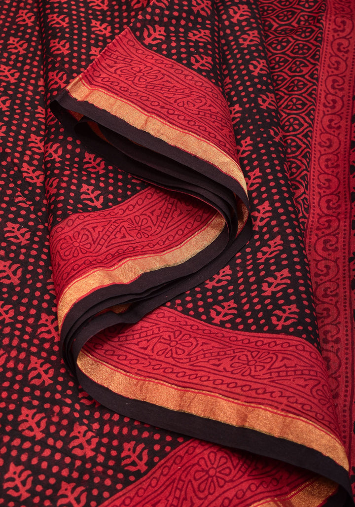 Bagh Hand block Print on Chanderi Cotton Saree in Black and Red