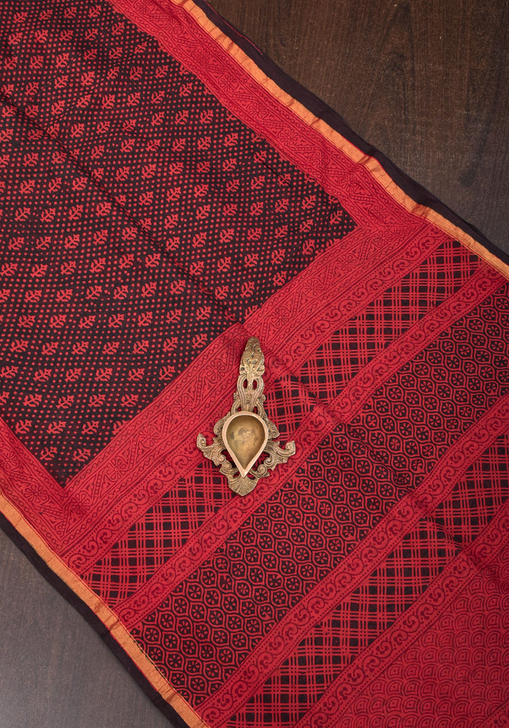 Bagh Hand block Print on Chanderi Cotton Saree in Black and Red