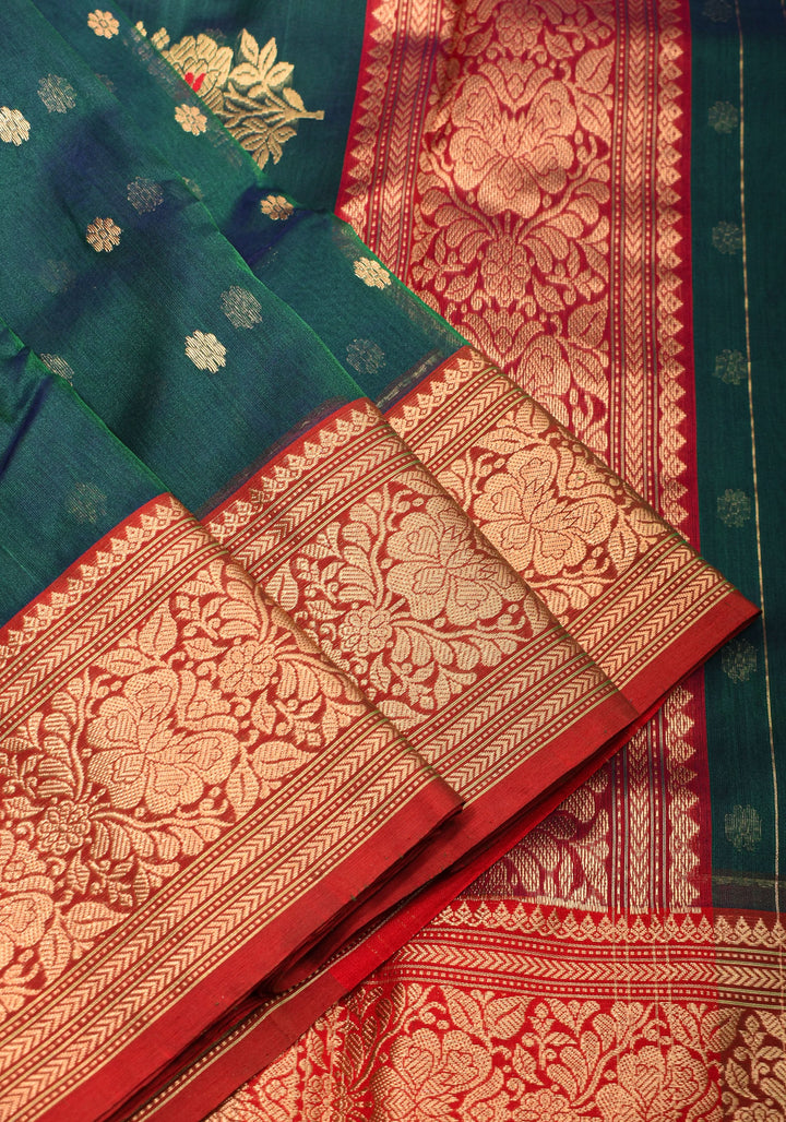 Chanderi Silk Saree in peacock Blue Green with zari Borders & Meenakari Pallu with Chunri Butis