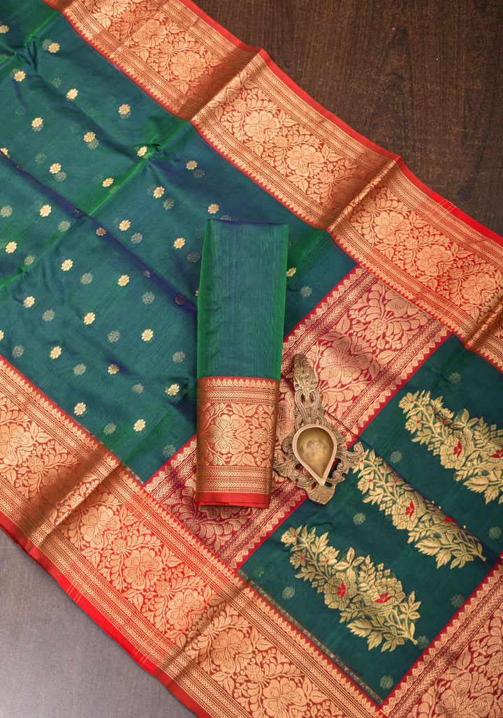 Chanderi Silk Saree in peacock Blue Green with zari Borders & Meenakari Pallu with Chunri Butis