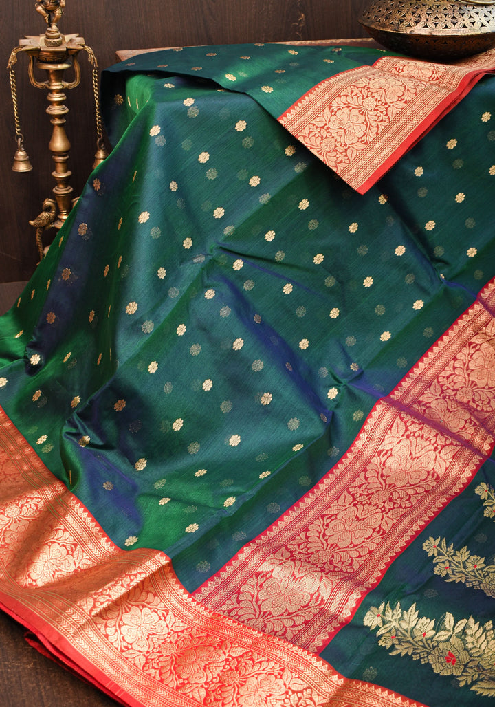 Chanderi Silk Saree in peacock Blue Green with zari Borders & Meenakari Pallu with Chunri Butis