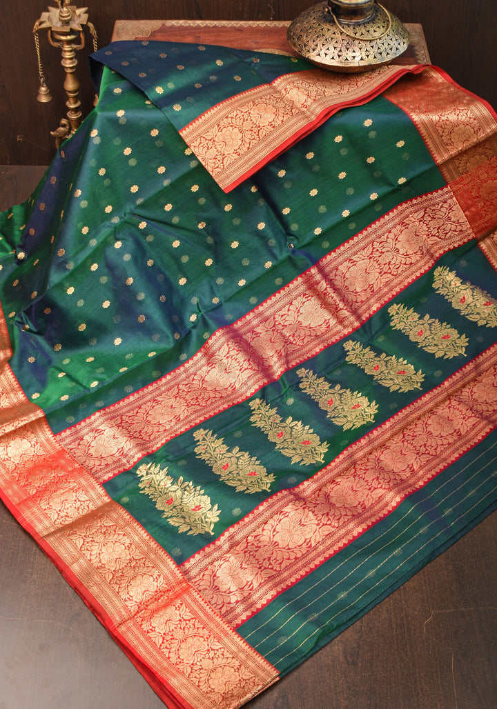 Chanderi Silk Saree in peacock Blue Green with zari Borders & Meenakari Pallu with Chunri Butis