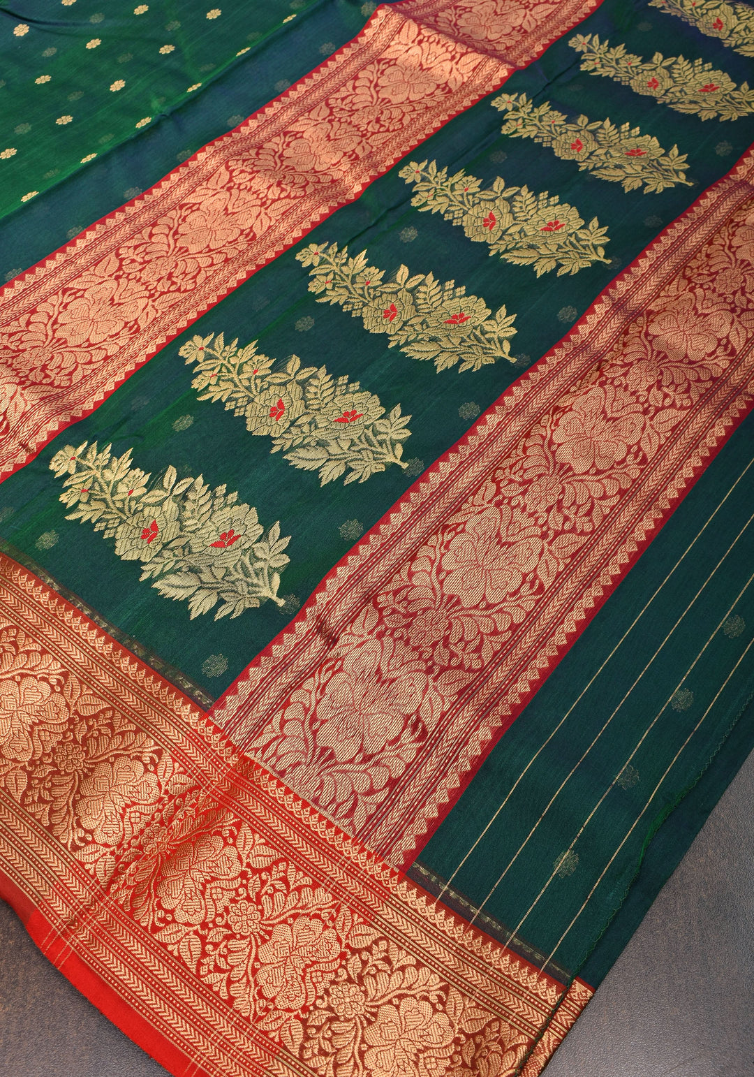 Chanderi Silk Saree in peacock Blue Green with zari Borders & Meenakari Pallu with Chunri Butis