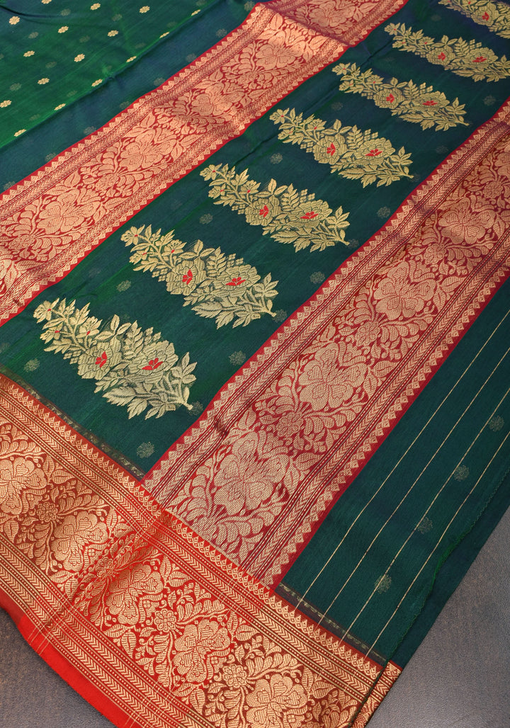 Chanderi Silk Saree in peacock Blue Green with zari Borders & Meenakari Pallu with Chunri Butis