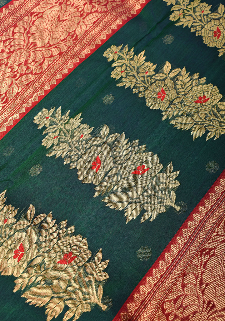 Chanderi Silk Saree in peacock Blue Green with zari Borders & Meenakari Pallu with Chunri Butis