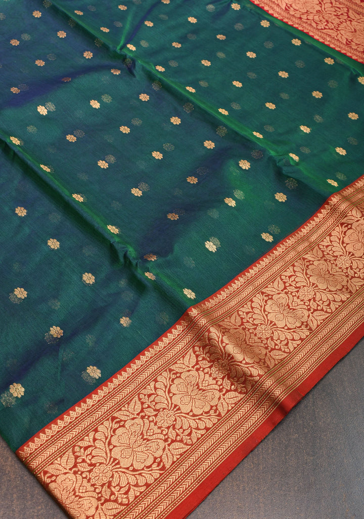 Chanderi Silk Saree in peacock Blue Green with zari Borders & Meenakari Pallu with Chunri Butis