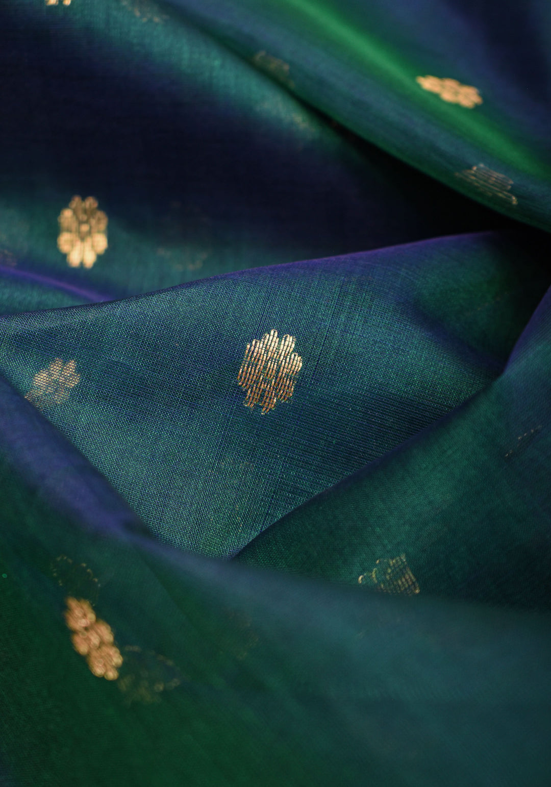 Chanderi Silk Saree in peacock Blue Green with zari Borders & Meenakari Pallu with Chunri Butis