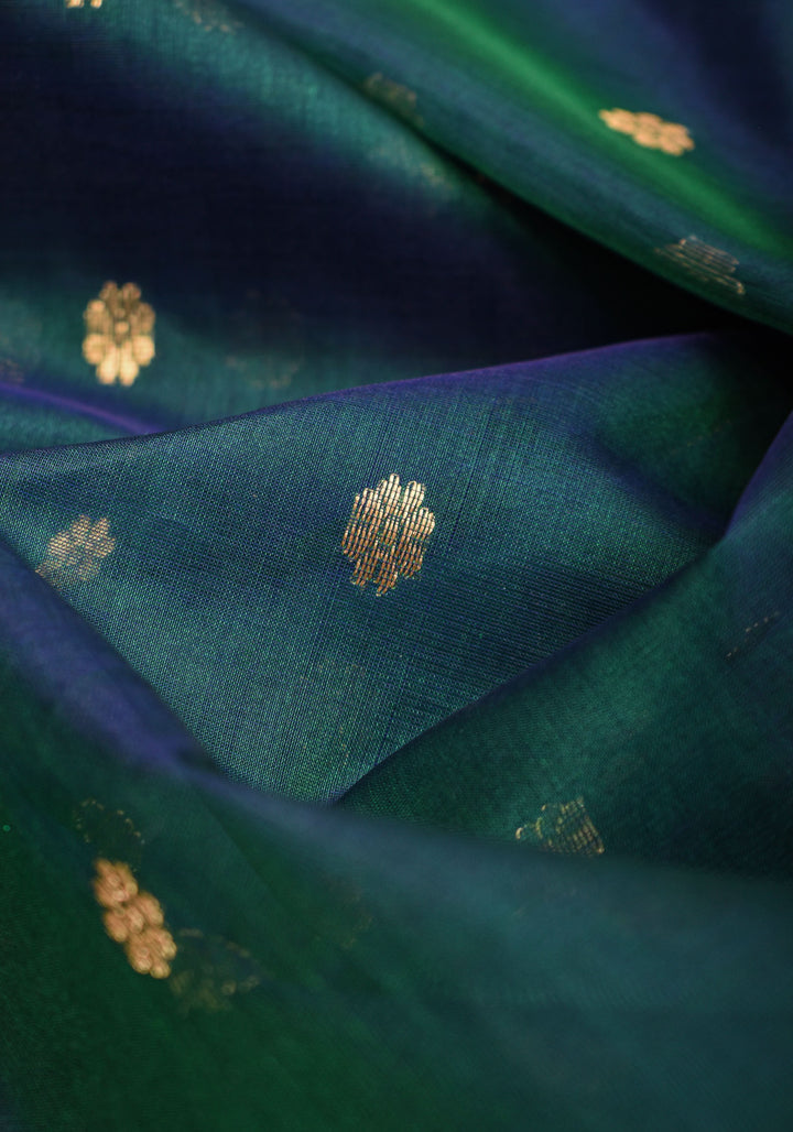 Chanderi Silk Saree in peacock Blue Green with zari Borders & Meenakari Pallu with Chunri Butis