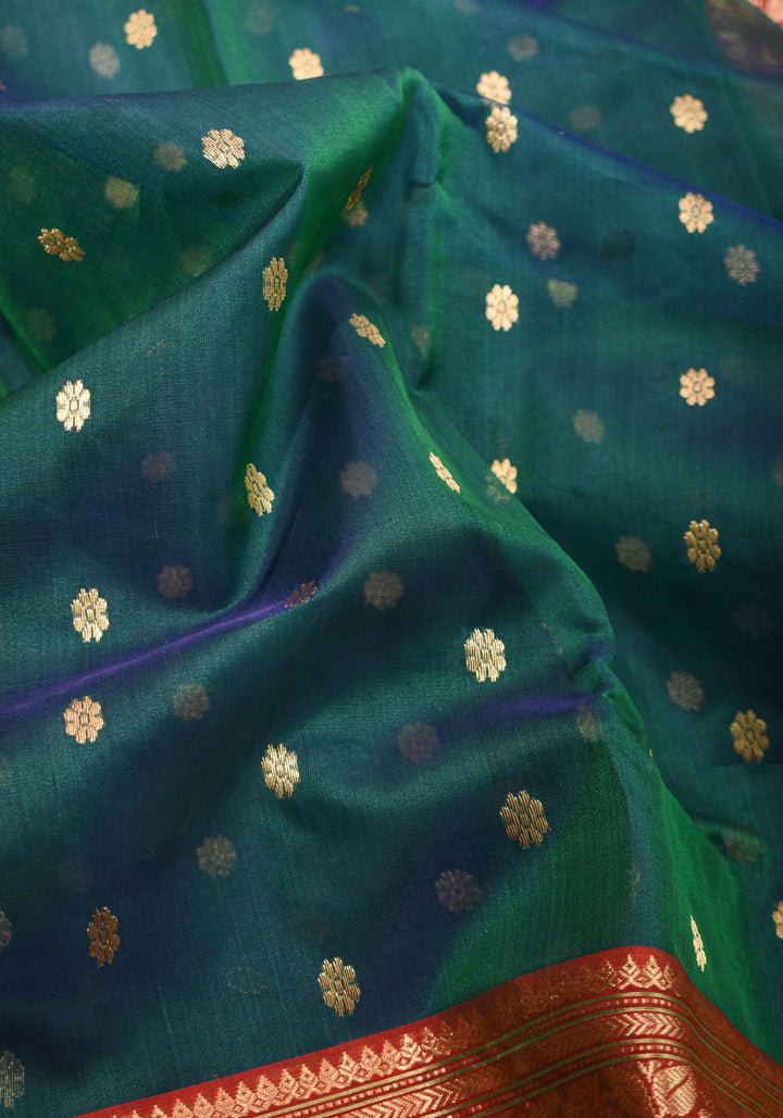 Chanderi Silk Saree in peacock Blue Green with zari Borders & Meenakari Pallu with Chunri Butis