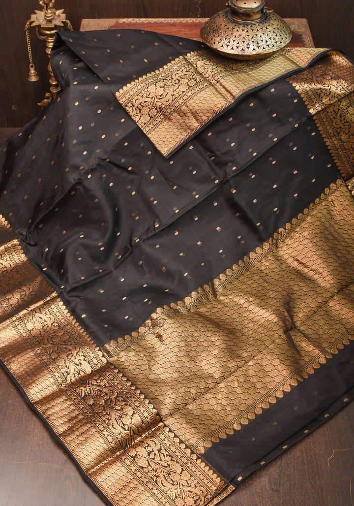 Celebrity Chanderi Silk Saree in Black with Zari chunri Butis and wide zari border