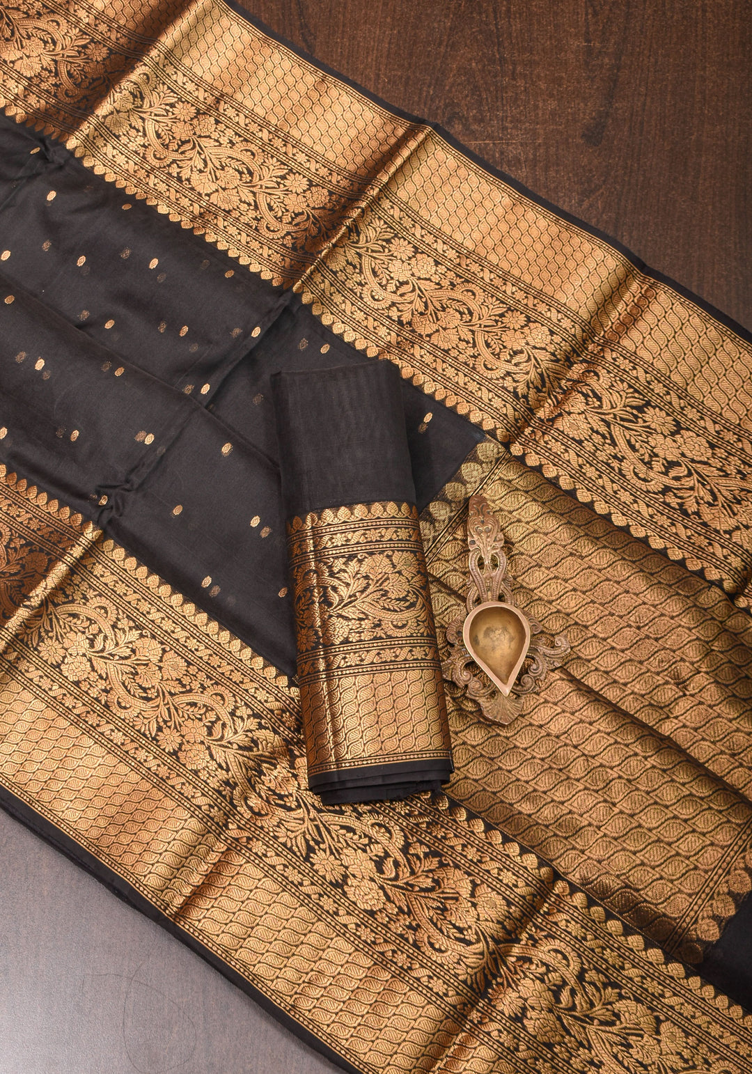 Celebrity Chanderi Silk Saree in Black with Zari chunri Butis and wide zari border