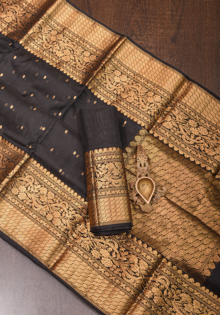 Celebrity Chanderi Silk Saree in Black with Zari chunri Butis and wide zari border