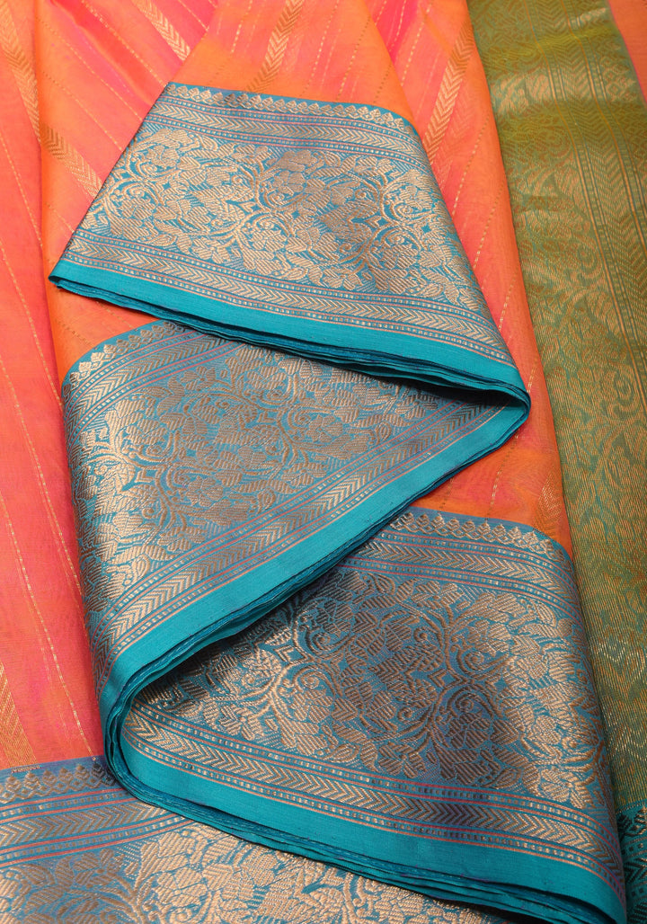 Stunning Striped Chanderi Silk Saree in Orange Dual Tone with Contrast Turquoise Border and Zari