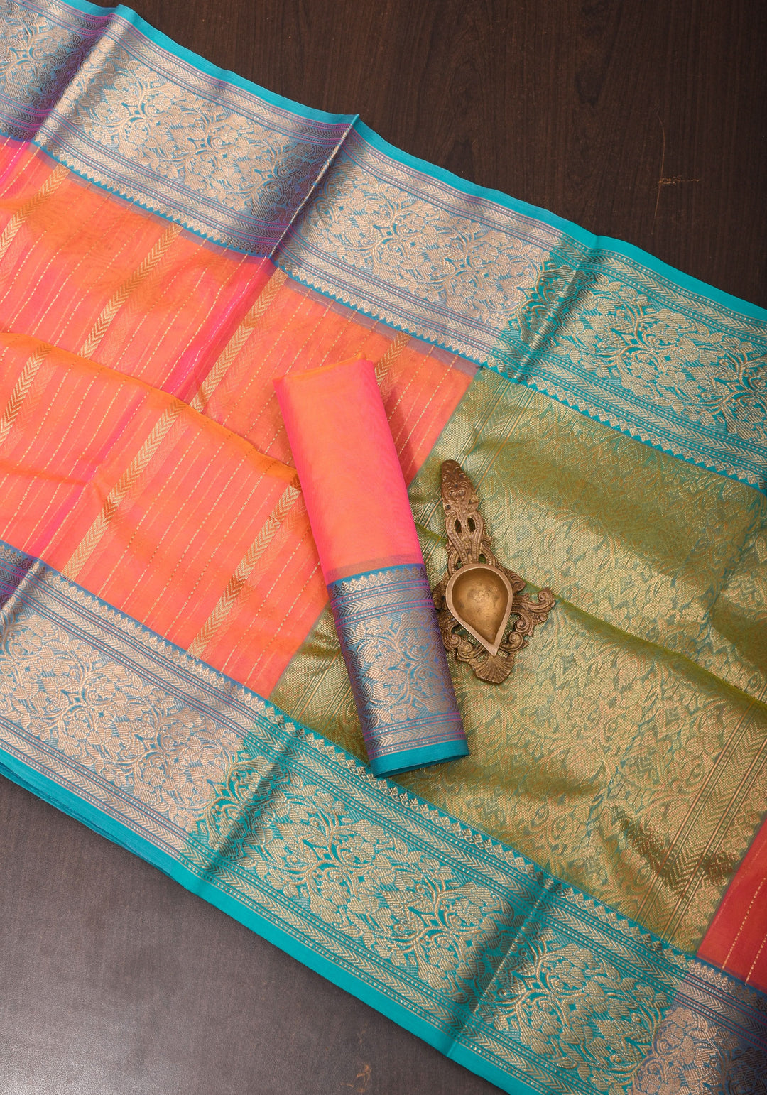 Stunning Striped Chanderi Silk Saree in Orange Dual Tone with Contrast Turquoise Border and Zari